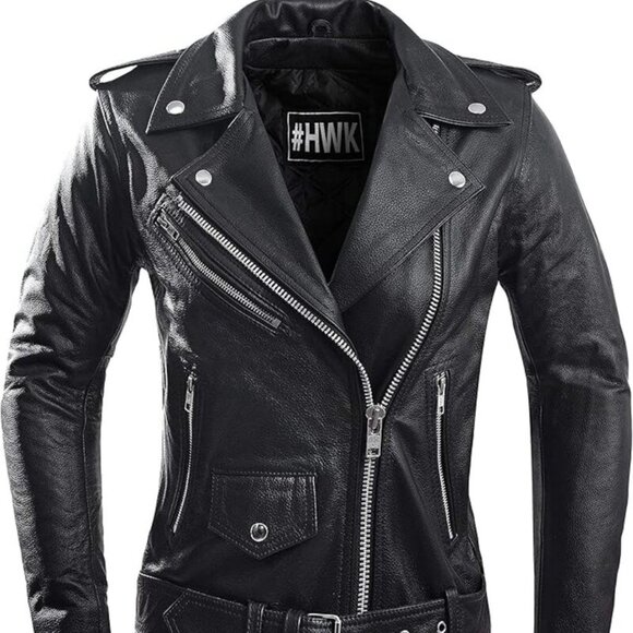 Women's HWK Brando Leather Motorcycle Jacket –Genuine, Weather & Water Resistant - Picture 1 of 7